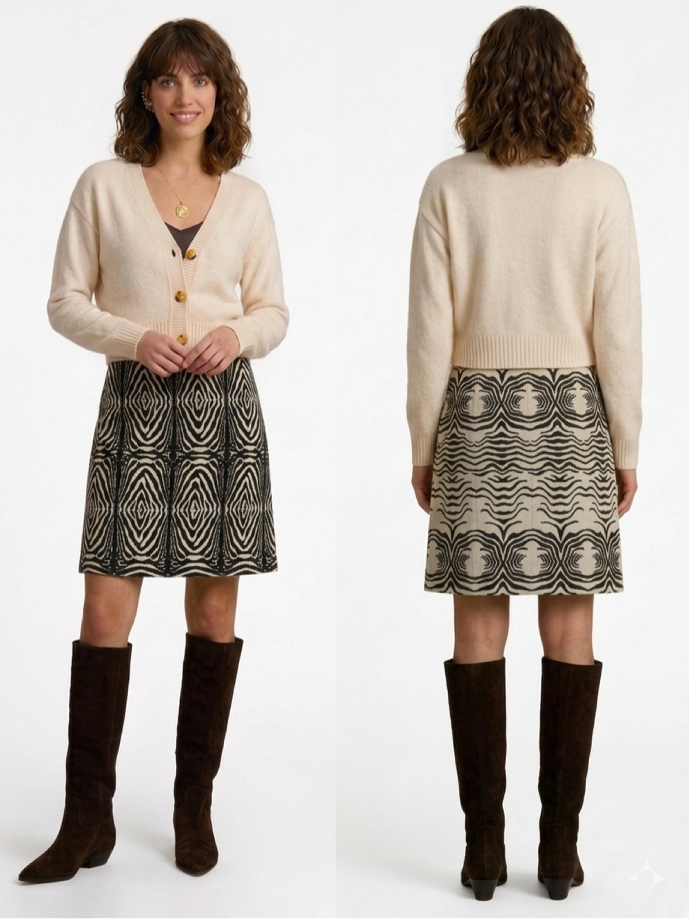 Etcetera Abstract Zebra Ikat Style Wool Blend Skirt Size 0 Brown Ivory